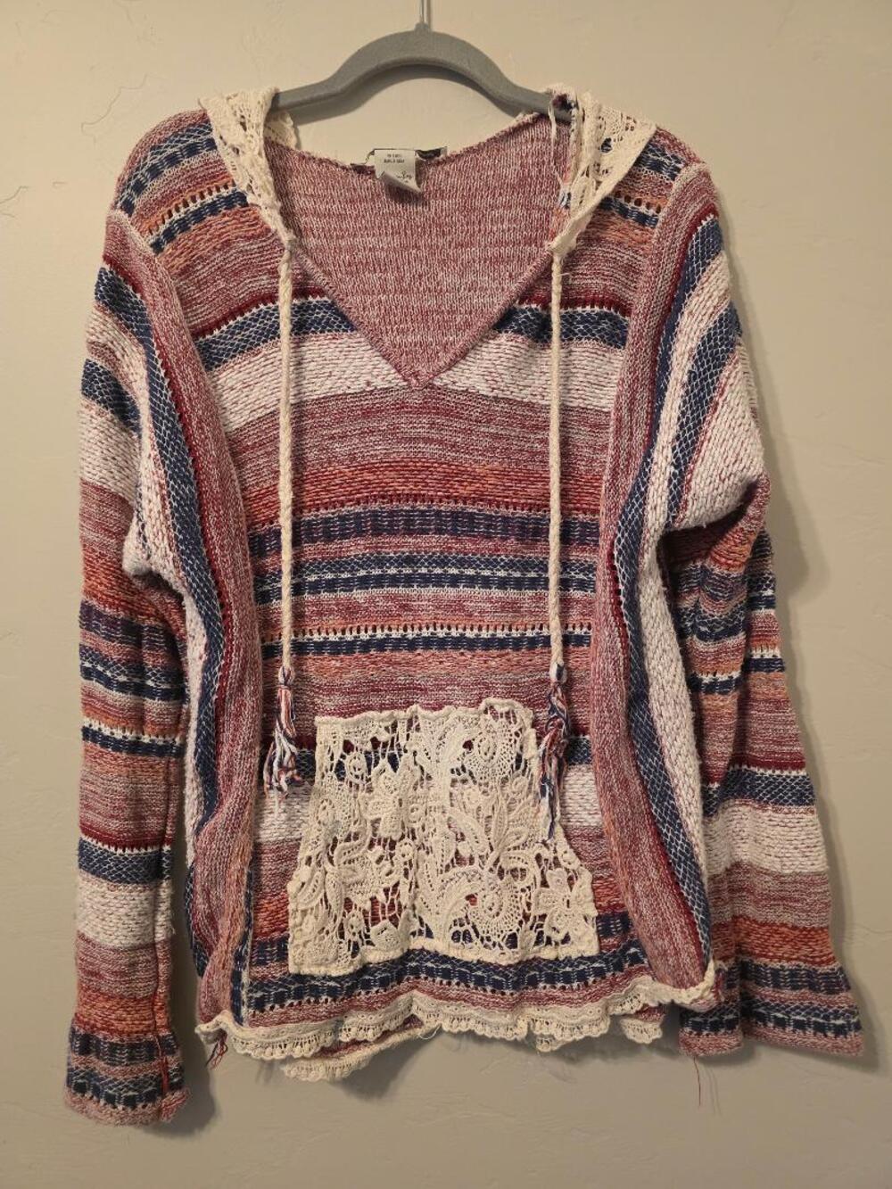 American Rag Cie Boho Crochet Lace Hooded Sweater Large